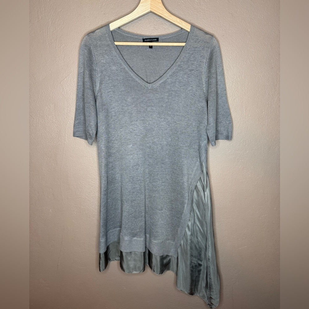 Eileen Fisher Linen & Silk Asymmetric Hem Knit Gray Tunic Top Size Small